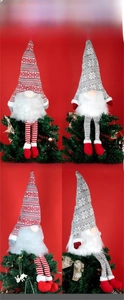 Detail of red and gray Christmas gnome tree toppers with snowflake hats and long legs