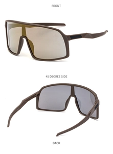 Three-angle view of brown matte cycling sunglasses with golden reflective lenses