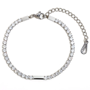 Silver-toned 3mm tennis bracelet with round clear cubic zirconia stones and 18KGP tag