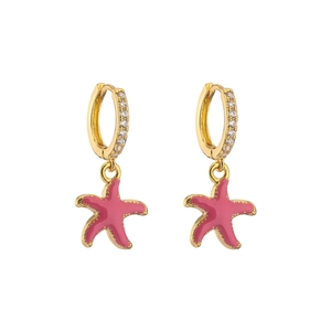 Macro detail of gold-plated starfish earrings with pink enamel and cubic zirconia stones