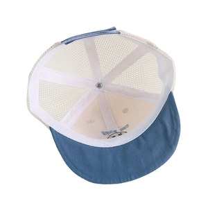 Blue and white breathable mesh baby sun hat with smile embroidery and flat brim