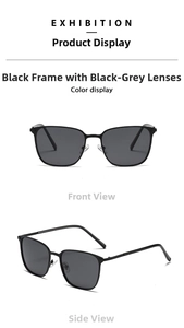 Detail view of black metal square frame sunglasses with polarized dark grey lenses