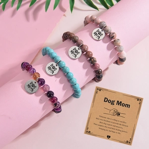 Bracelets Dog Mom en pierre zèbre rose avec pendentifs patte et carte cadeau