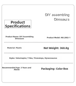 Detailed specifications for DIY assembly dinosaur toy including weight and materials