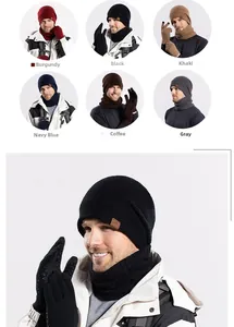 Detailed view showing winter knit hat, neck warmer, and gloves set in six available colors
