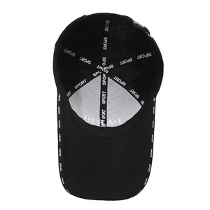 Internal view of black outdoor baseball cap with SPORT webbing and PARIS embroidery