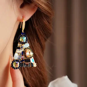 Vintage geometric triangle earrings with colorful crystals and gold-plated hooks