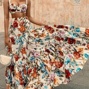 Two-piece floral print set with crop camisole top and layered maxi skirt for women