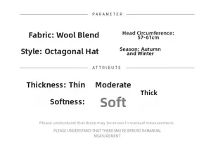 Detailed size and material chart for wool blend octagonal newsboy cap for autumn winter