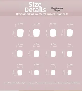 Short square fake nails size chart showing 12 dimensions for a perfect ergonomic fit