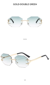 Detail of octagonal rimless sunglasses with gold claw accents and gradient green lenses