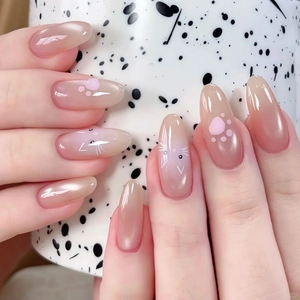 Press On Nails Nude Pink Cat Eye Glossy Almond Fake Nails With Cute Kitten Face And Cat Paw Prints For Women