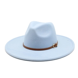 Close-up of light blue felt fedora hat with brown leather band and gold buckle detail