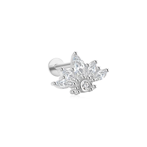Macro detail of silver cartilage stud featuring marquise-cut marquise floral leaf design