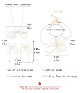 Size chart for bow knot jewelry set showing necklace, bracelet and earrings dimensions