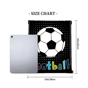 Polyester drawstring sports bag size chart showing 16x13 inch dimensions with tablet reference