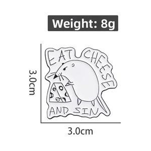 Detail view of cartoon mouse enamel pin with Eat Cheese and Sin text, size 3.0cm, weight 8g