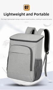 Macro detail of dark grey lightweight insulated cooler backpack with mesh side pocket