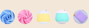 Close-up of thick multi-color absorbent microfiber pet towels in five pastel shades
