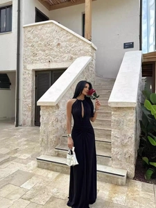 Halter Neck Maxi Dress Ruched Cutout Slim Fit Sleeveless Backless Polyester Elastane Evening Party Vacation Women