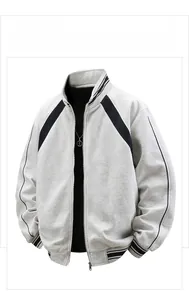 Close-up of light grey American style stand collar jacket with black paneling details