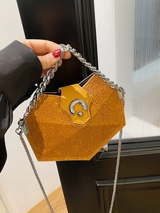 Chic yellow geometric handbag with lace texture and silver chain strap for women