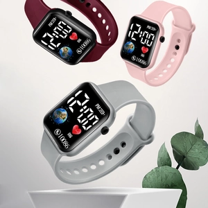 Square LED digital sports watches with colorful silicone straps and modern dial display