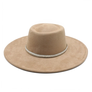 Elegant camel faux suede wide brim fedora hat with white pearl headband decoration