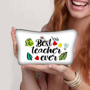 Detailed view of white cosmetic bag featuring Best teacher ever print held by a model