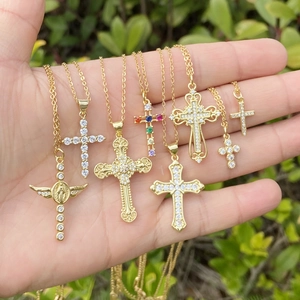 Cross Pendant Necklace Copper Micro Pave Zircon 18K Gold Plated Hip Hop Religious Virgin Mary Wing Jewelry For Women Men