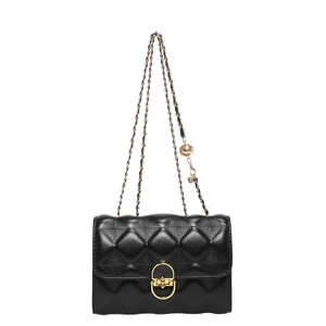 Black quilted leather crossbody bag with golden chain strap and decorative metal ball