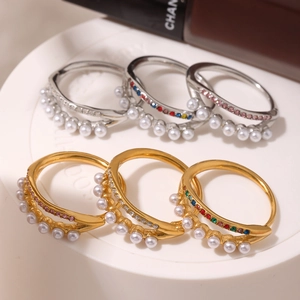 Bagues ouvertes élégantes plaquées or 18k avec perles et zircons cubiques colorés