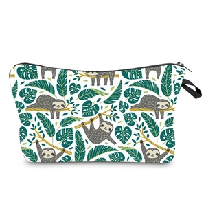 Cartoon sloth and tropical leaf print cosmetic bag with black zipper and finger pull loop