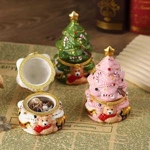 Christmas tree ceramic jewelry box set with bear decor in green pink and white colors