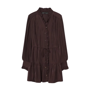 Deep chocolate satin long-sleeve dress with ruffled trim and button-front detailing