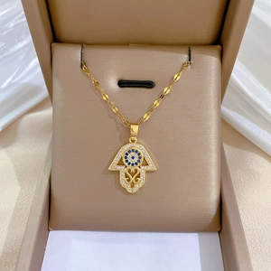 Hamsa Hand Evil Eye Necklace Stainless Steel Chain Copper Zircon Inlaid Gold Plated Elegant Jewelry Women