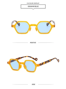Detail view of orange polygon sunglasses with blue lenses showing front and side angles