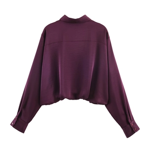 Elegant deep purple satin long sleeve shirt with classic collar and glossy finish