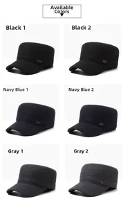 Detail view of winter flat top caps in black, navy and grey with sports embroidery