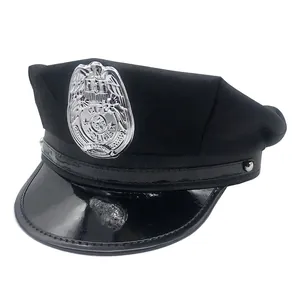Classic black police uniform hat with shiny visor and silver City Police badge detail