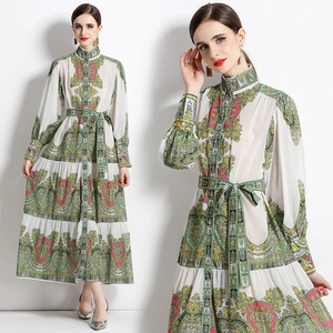 Elegant Chiffon Maxi Dress Long Sleeve Stand Collar Vintage Paisley Print Single Breasted Belted Flowy Tiered Dress