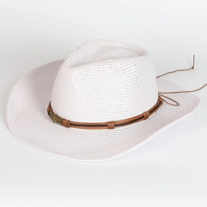 Detail view of woven texture and brown cord with metallic buckle on white straw cowboy hat