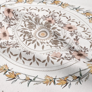 Macro detail of bohemian floral tapestry fabric texture with pink and yellow floral prints
