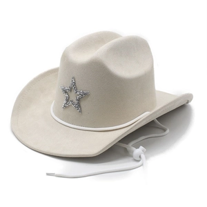 Beige faux suede cowboy jazz hat featuring a silver sequin star and adjustable chin strap