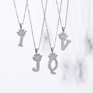 Crown Initial Letter Pendant Necklace Copper Cubic Zirconia Iced Out Hip Hop Jewelry Silver Color