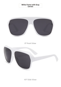 Detailed front and side views of white oversized sunglasses with dark grey lenses