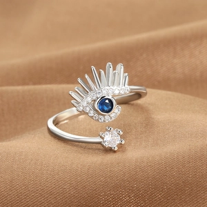 Evil eye open ring in silver finish with blue zircon and sparkling crystal lashes