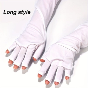 Long style white UV protective half-finger gloves with breathable mesh for nail lamp safety