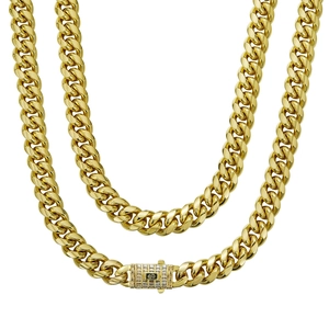 14K gold plated stainless steel Cuban link necklace with zircon encrusted box clasp