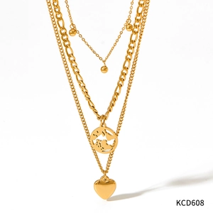 Detail einer goldfarbenen Mehrlagenkette mit Herzanhänger und Weltkarten-Charm auf Weiß